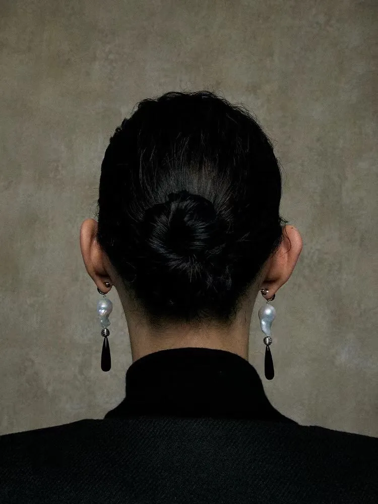 Baroque Pearl Black Onyx Long Teardrop Drop Earrings