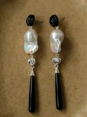 Baroque Pearl Black Onyx Long Teardrop Drop Earrings