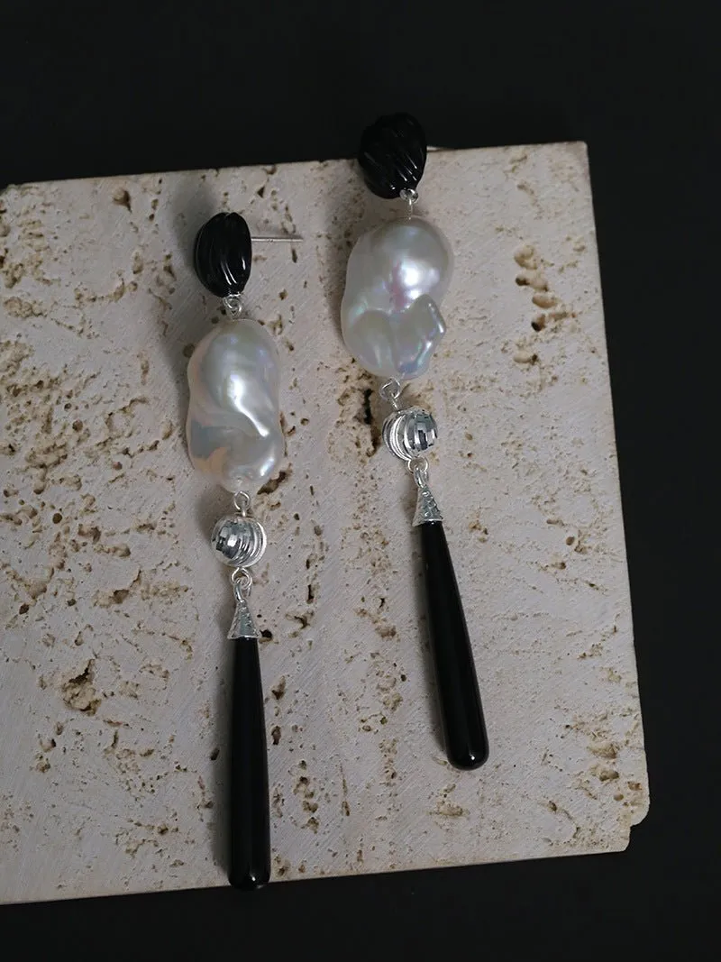 Baroque Pearl Black Onyx Long Teardrop Drop Earrings