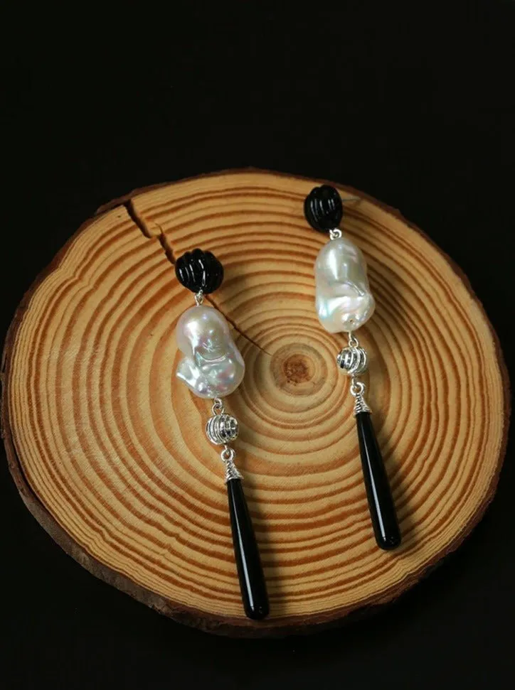 Baroque Pearl Black Onyx Long Teardrop Drop Earrings