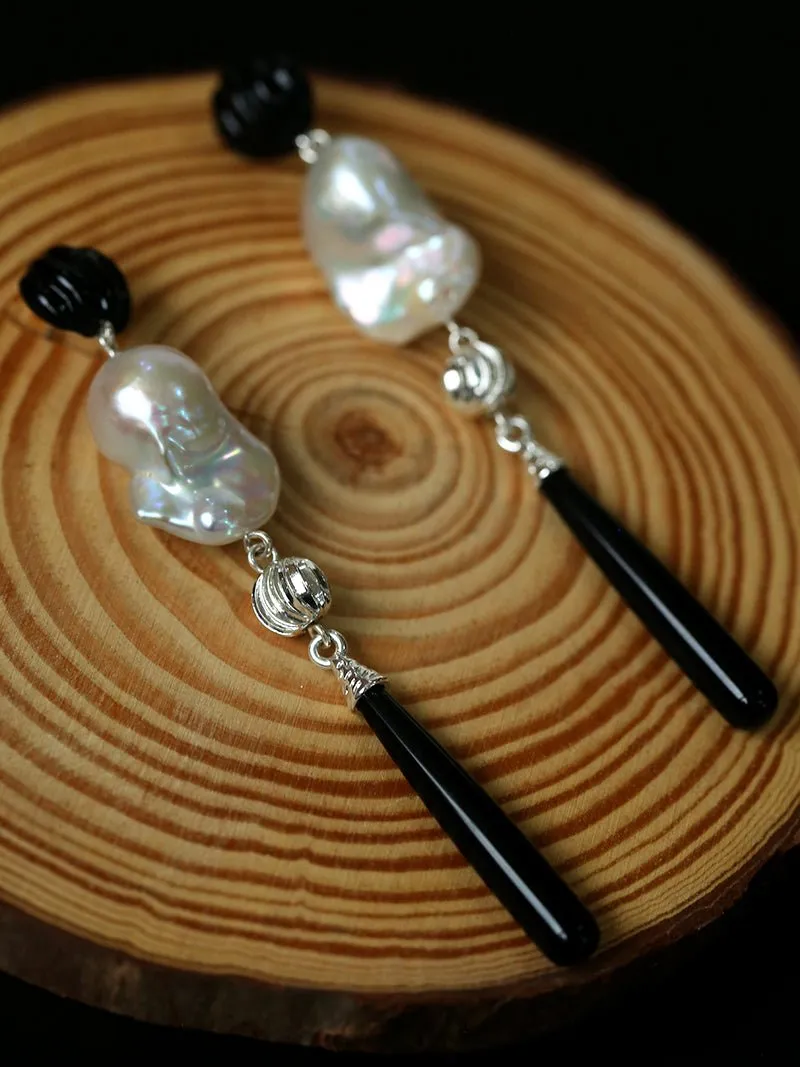 Baroque Pearl Black Onyx Long Teardrop Drop Earrings