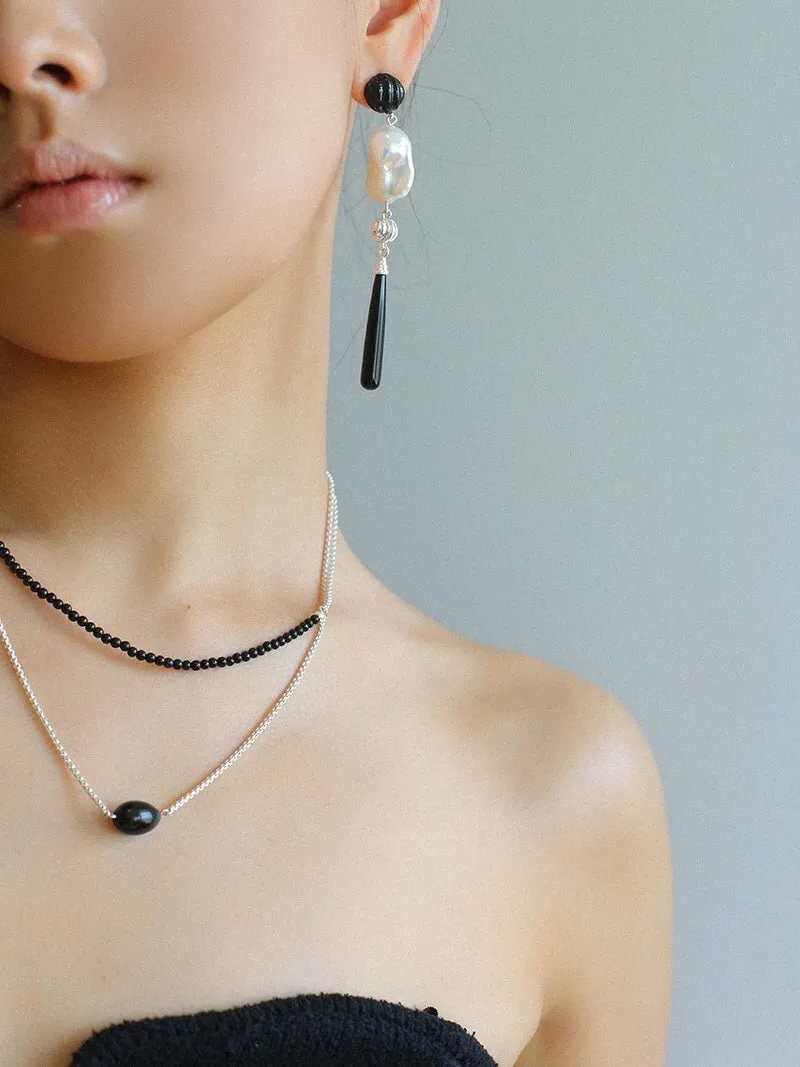 Baroque Pearl Black Onyx Long Teardrop Drop Earrings