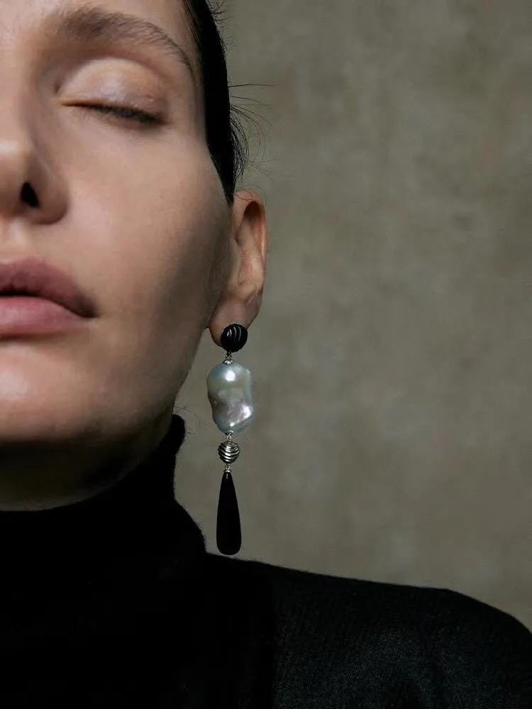 Baroque Pearl Black Onyx Long Teardrop Drop Earrings