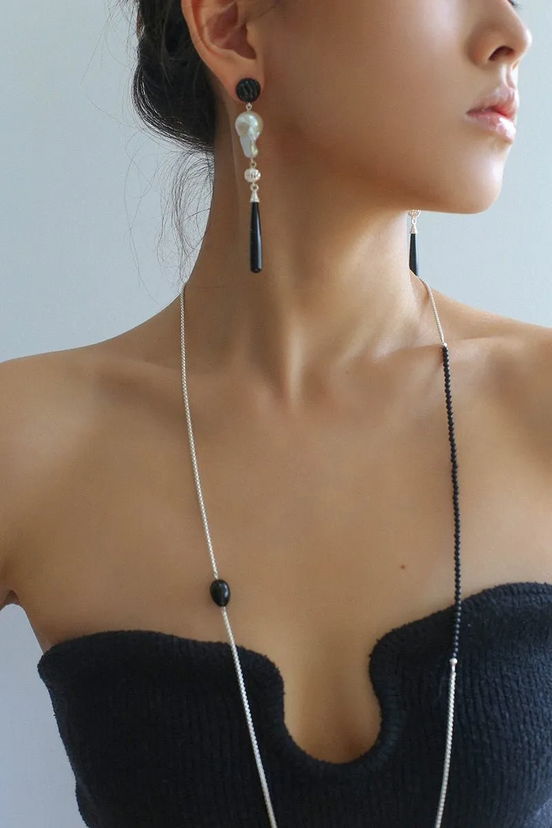 Baroque Pearl Black Onyx Long Teardrop Drop Earrings