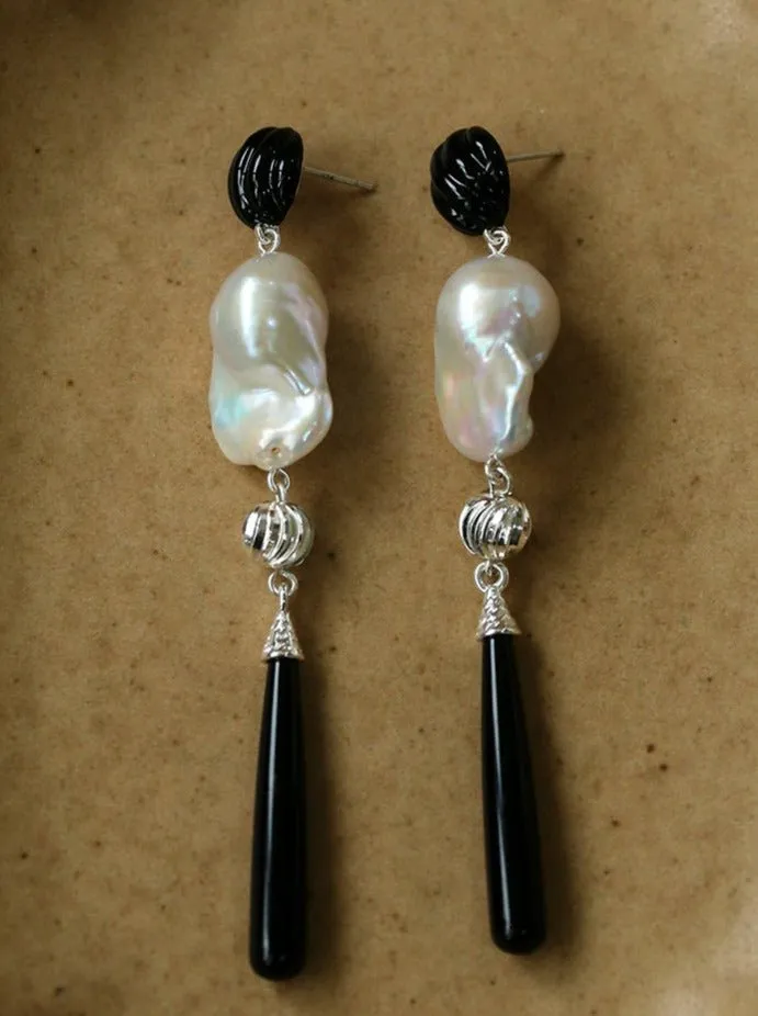 Baroque Pearl Black Onyx Long Teardrop Drop Earrings