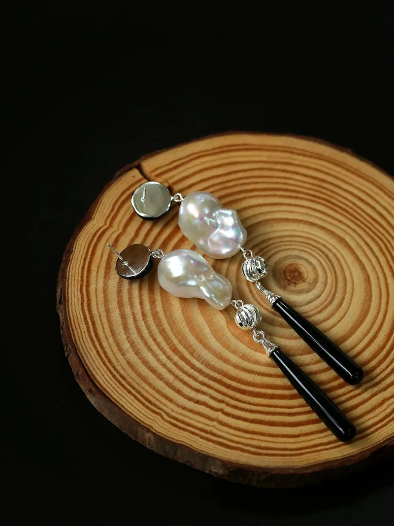 Baroque Pearl Black Onyx Long Teardrop Drop Earrings