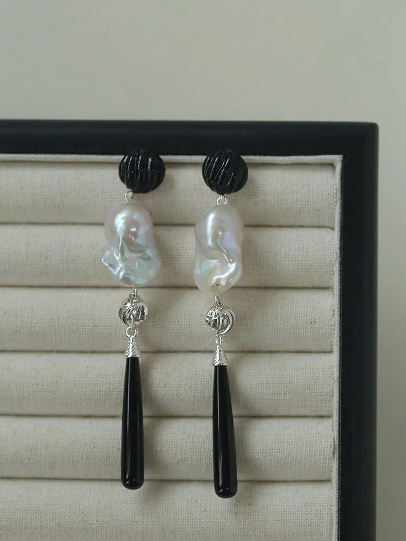Baroque Pearl Black Onyx Long Teardrop Drop Earrings