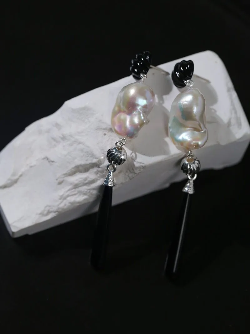 Baroque Pearl Black Onyx Long Teardrop Drop Earrings
