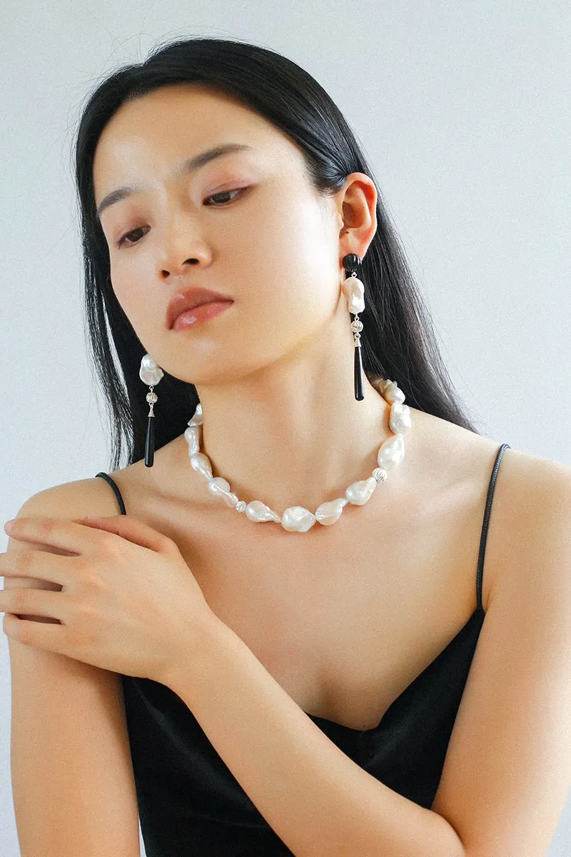 Baroque Pearl Black Onyx Long Teardrop Drop Earrings
