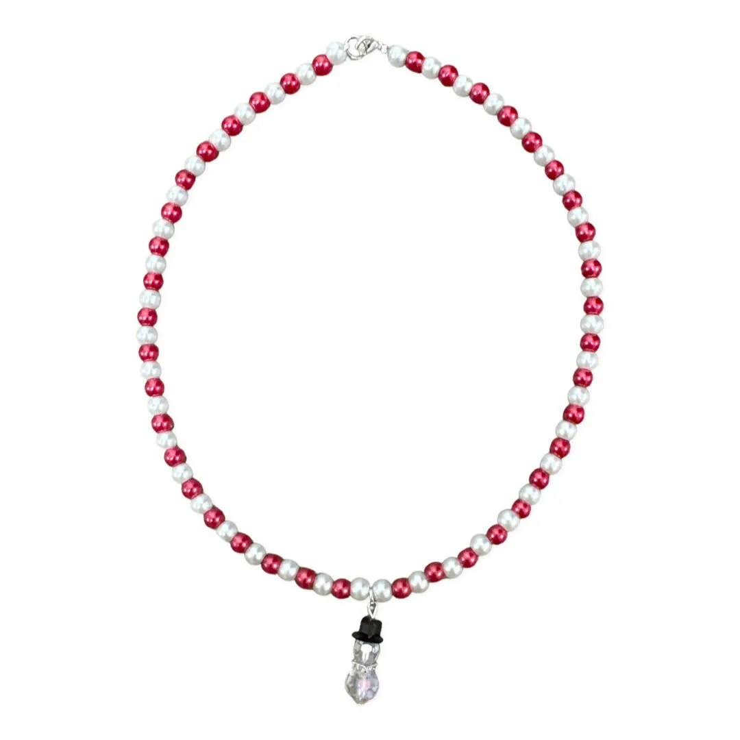 Beaded Snowman w/Clear Scarf Red & White Beaded Necklace