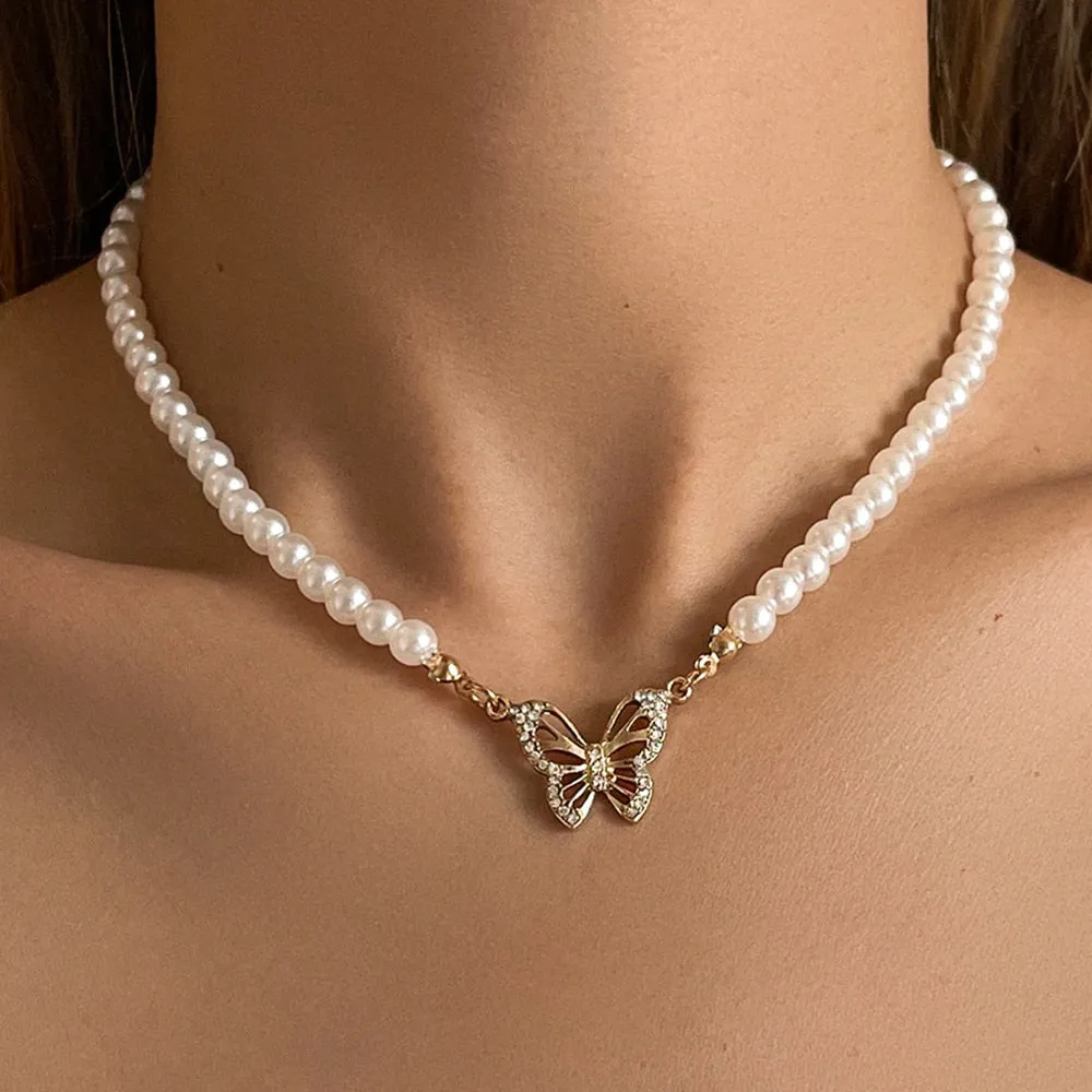 BerriesJam - 2024 Simulated Pearl Beaded Butterfly Pendant Necklace