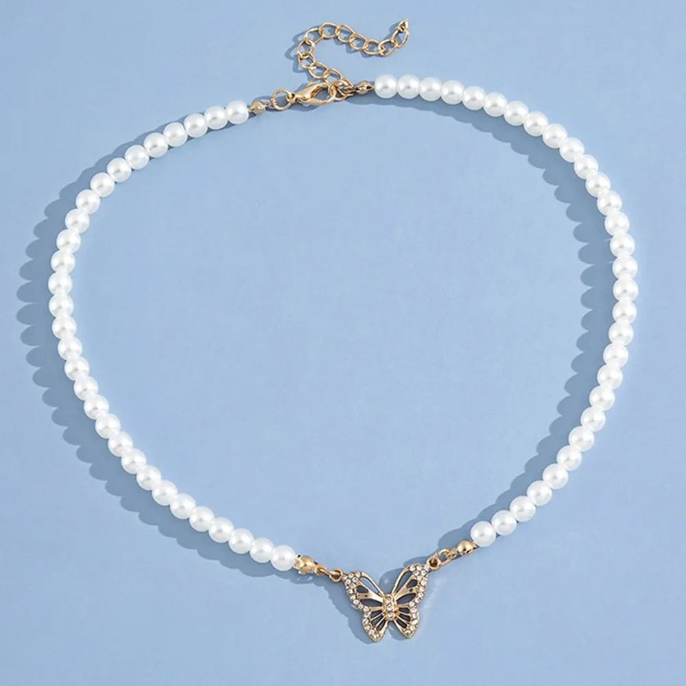 BerriesJam - 2024 Simulated Pearl Beaded Butterfly Pendant Necklace