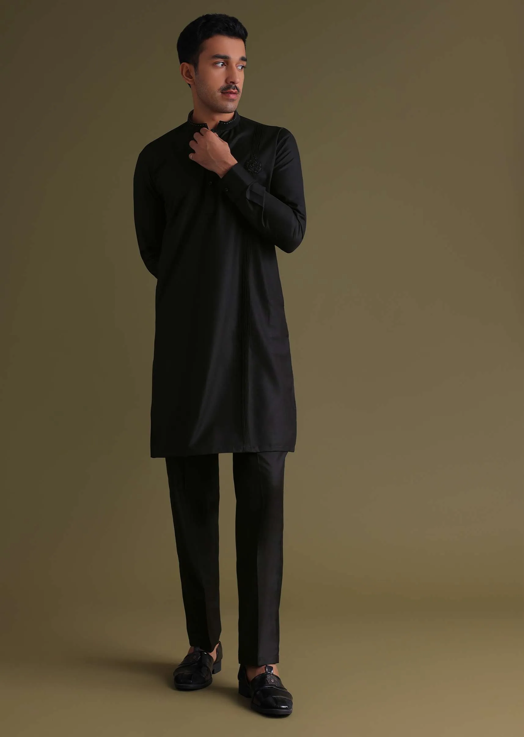 Black Pathani Kurta Set In Terry Rayon With Embroidery