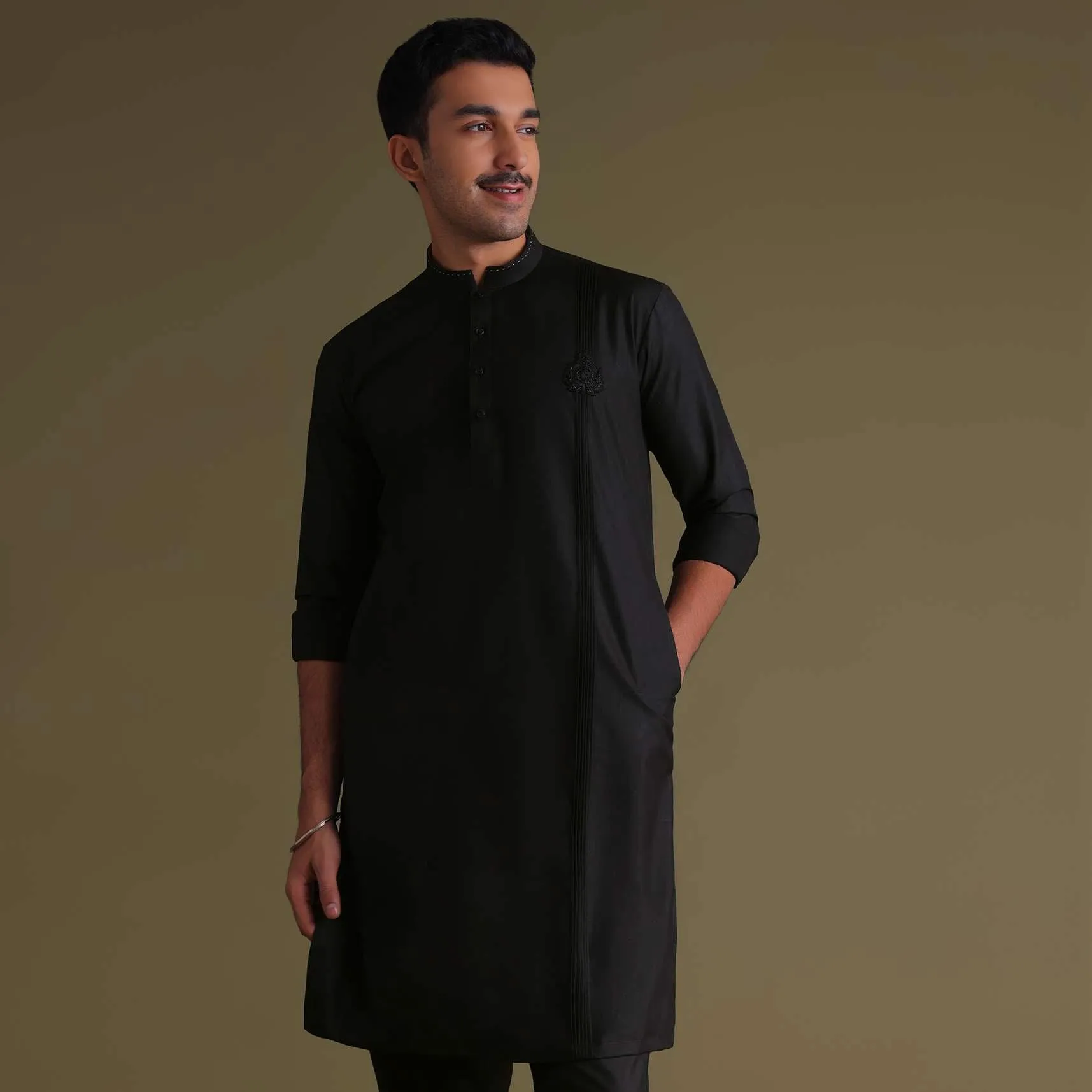Black Pathani Kurta Set In Terry Rayon With Embroidery