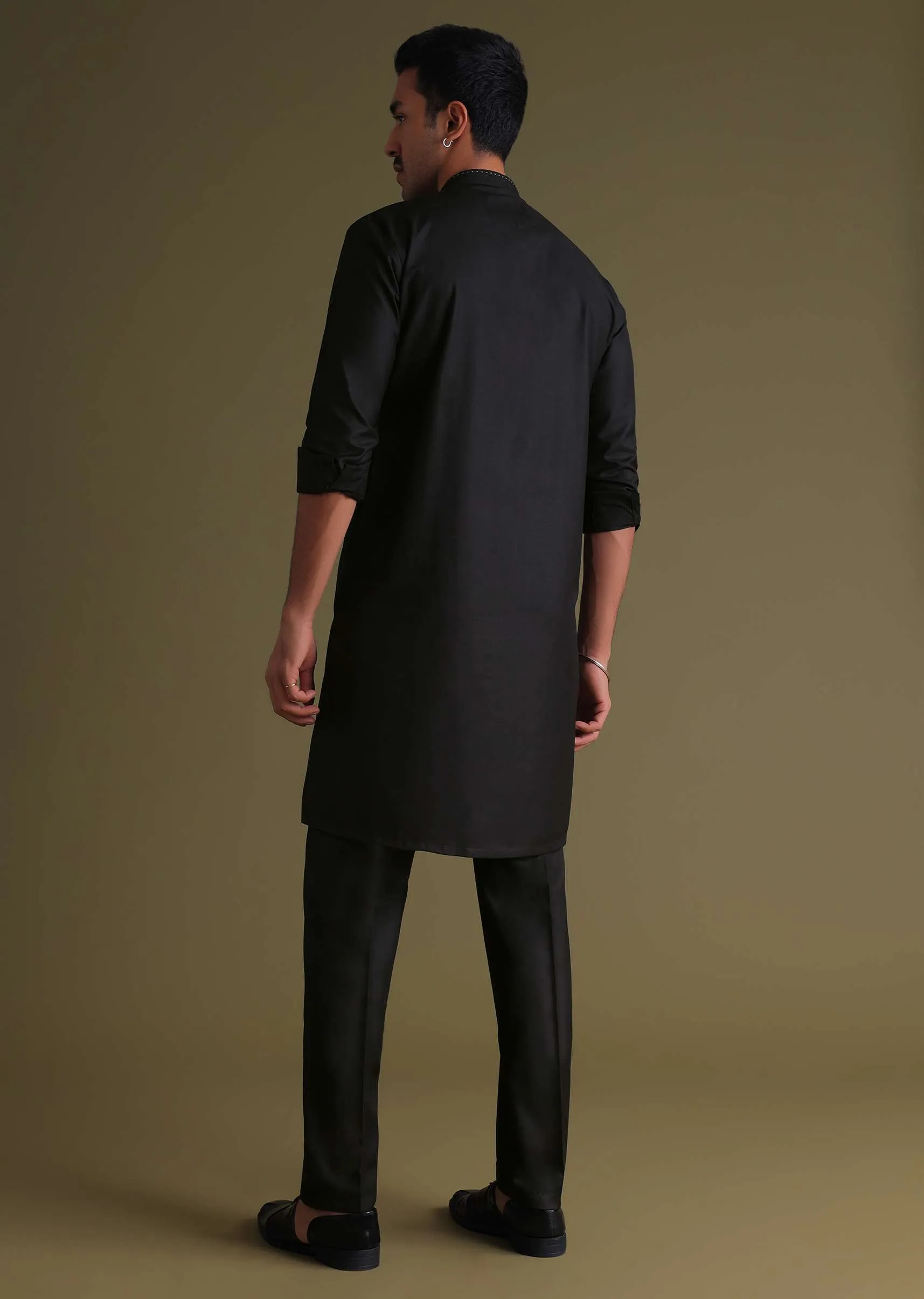 Black Pathani Kurta Set In Terry Rayon With Embroidery
