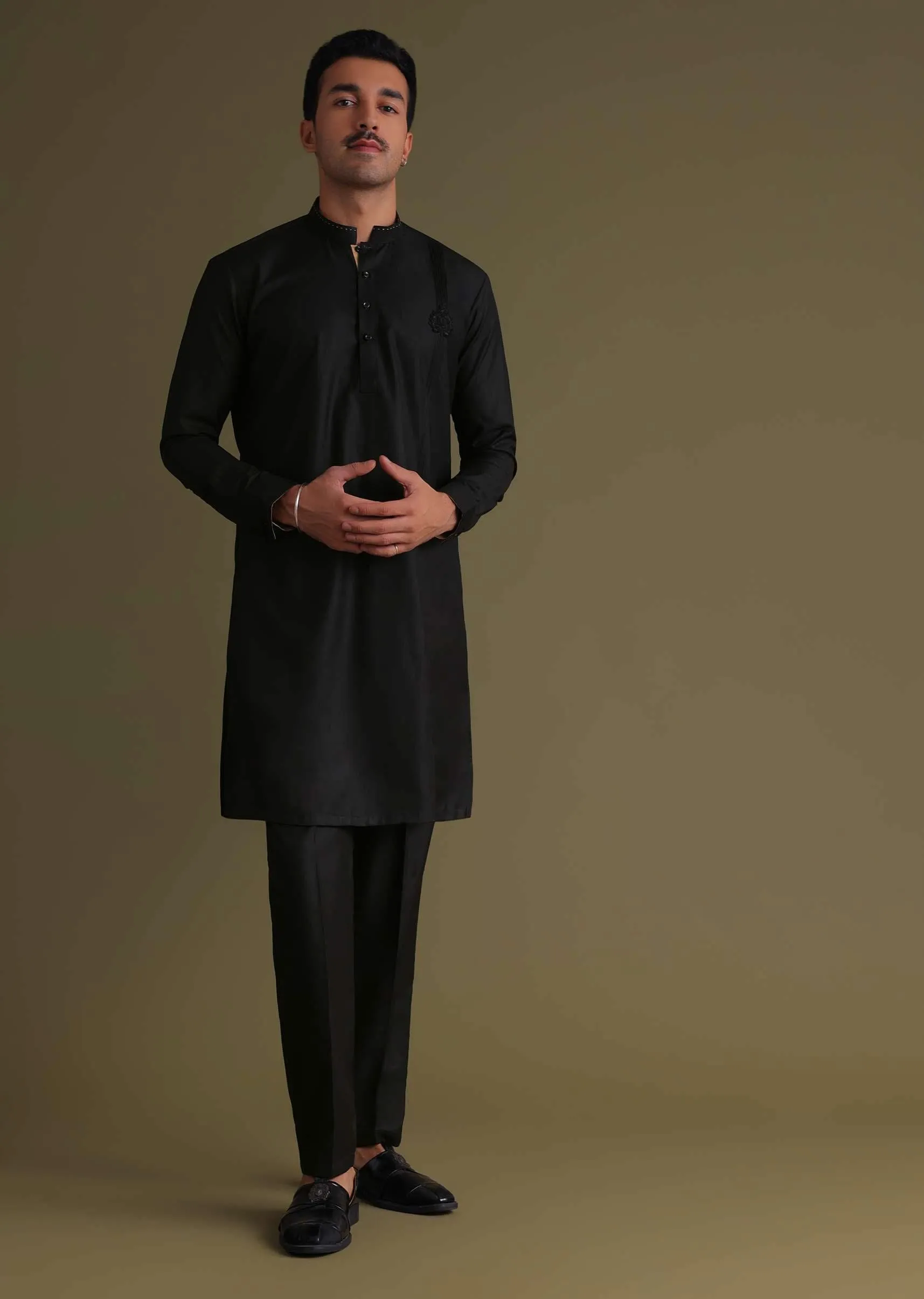 Black Pathani Kurta Set In Terry Rayon With Embroidery