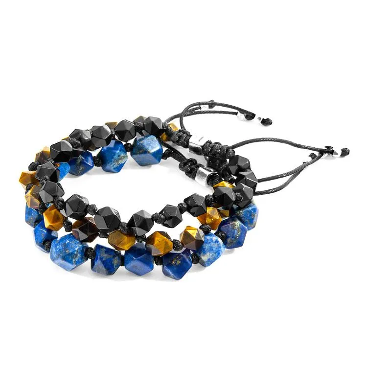 BLUE LAPIS LAZULI ZEBEDEE SILVER AND STONE BEADED MACRAME BRACELET