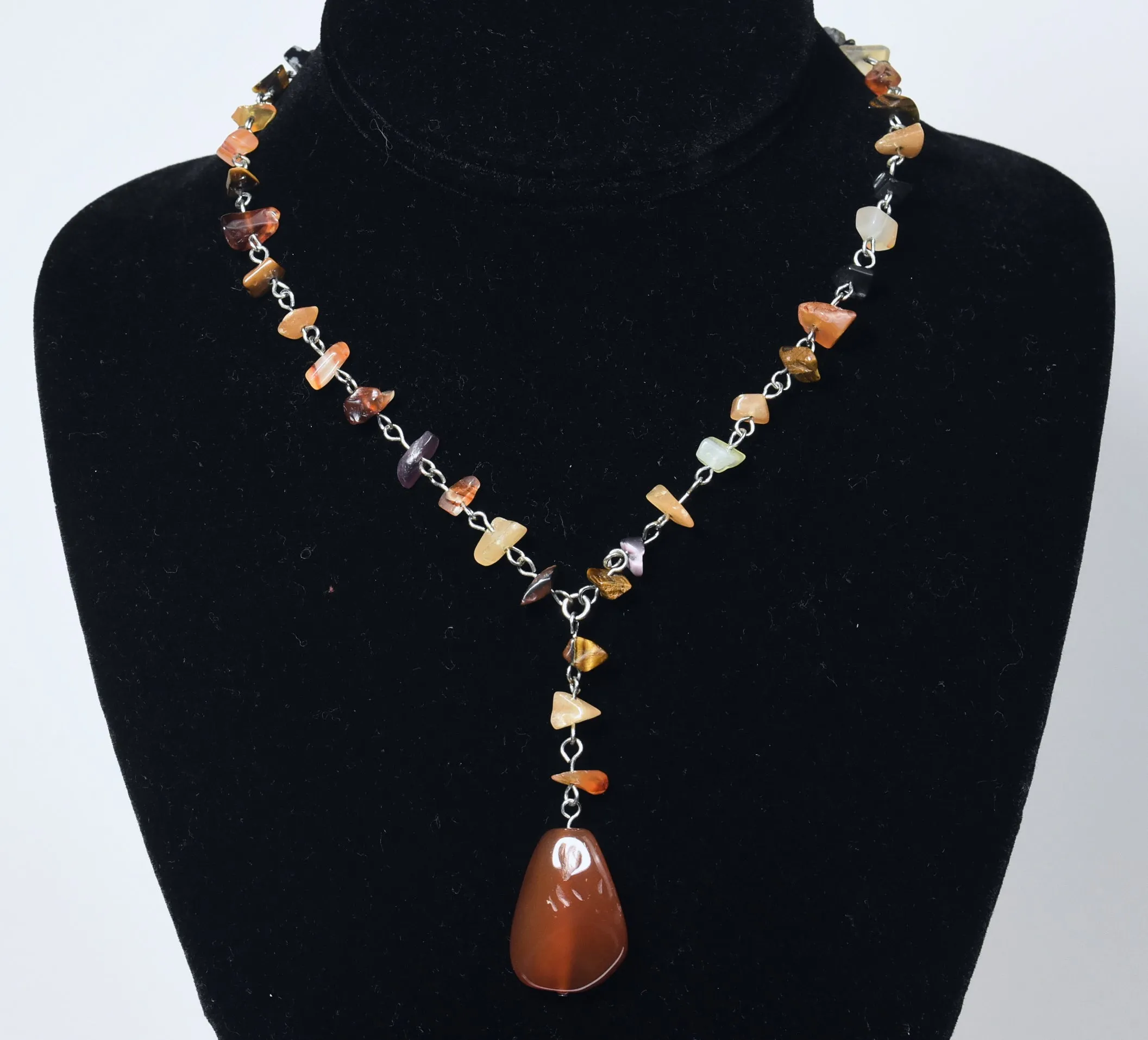 Carnelian Pendant on Silver Chain Stone Chip Bead Station Necklace