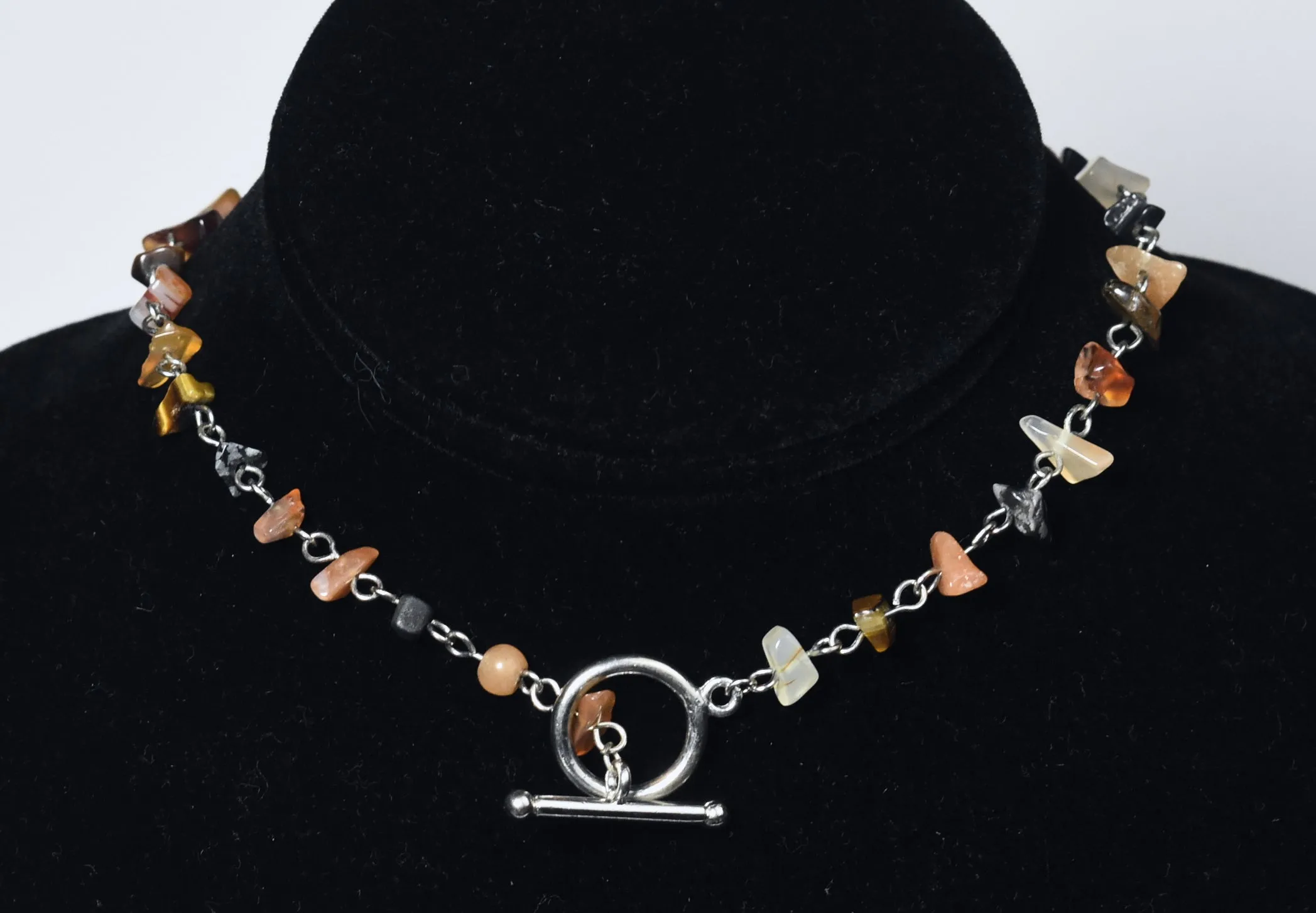 Carnelian Pendant on Silver Chain Stone Chip Bead Station Necklace