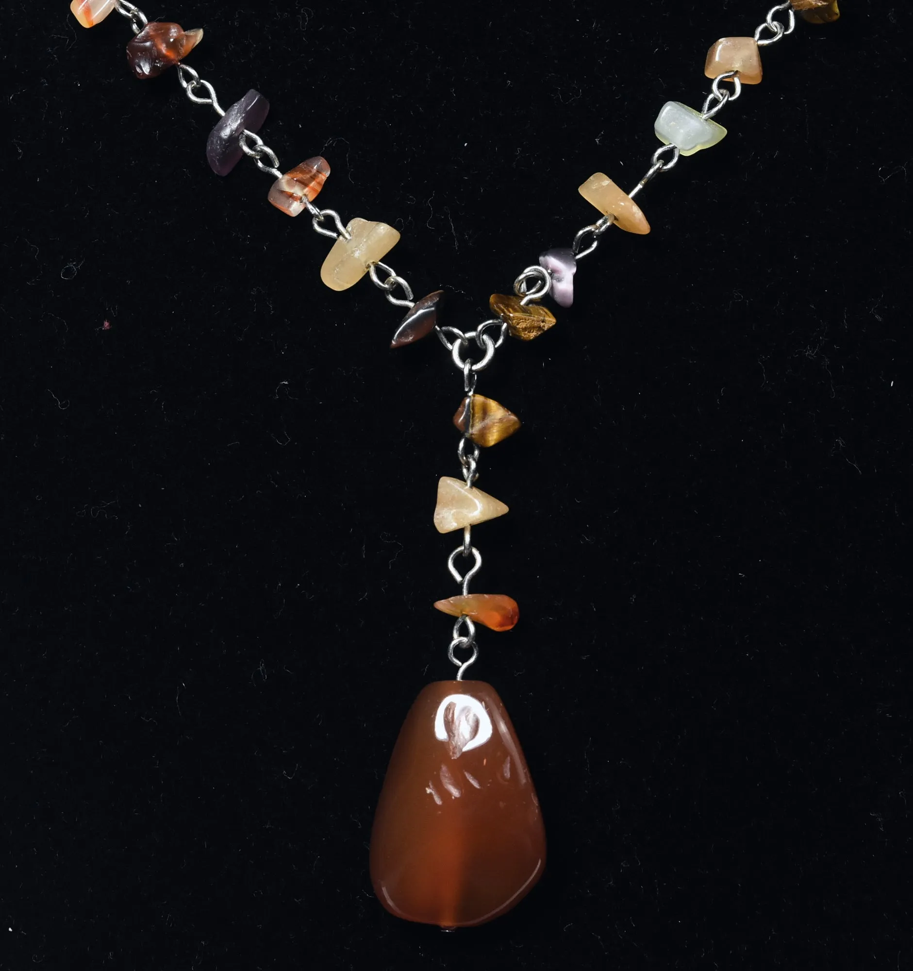 Carnelian Pendant on Silver Chain Stone Chip Bead Station Necklace