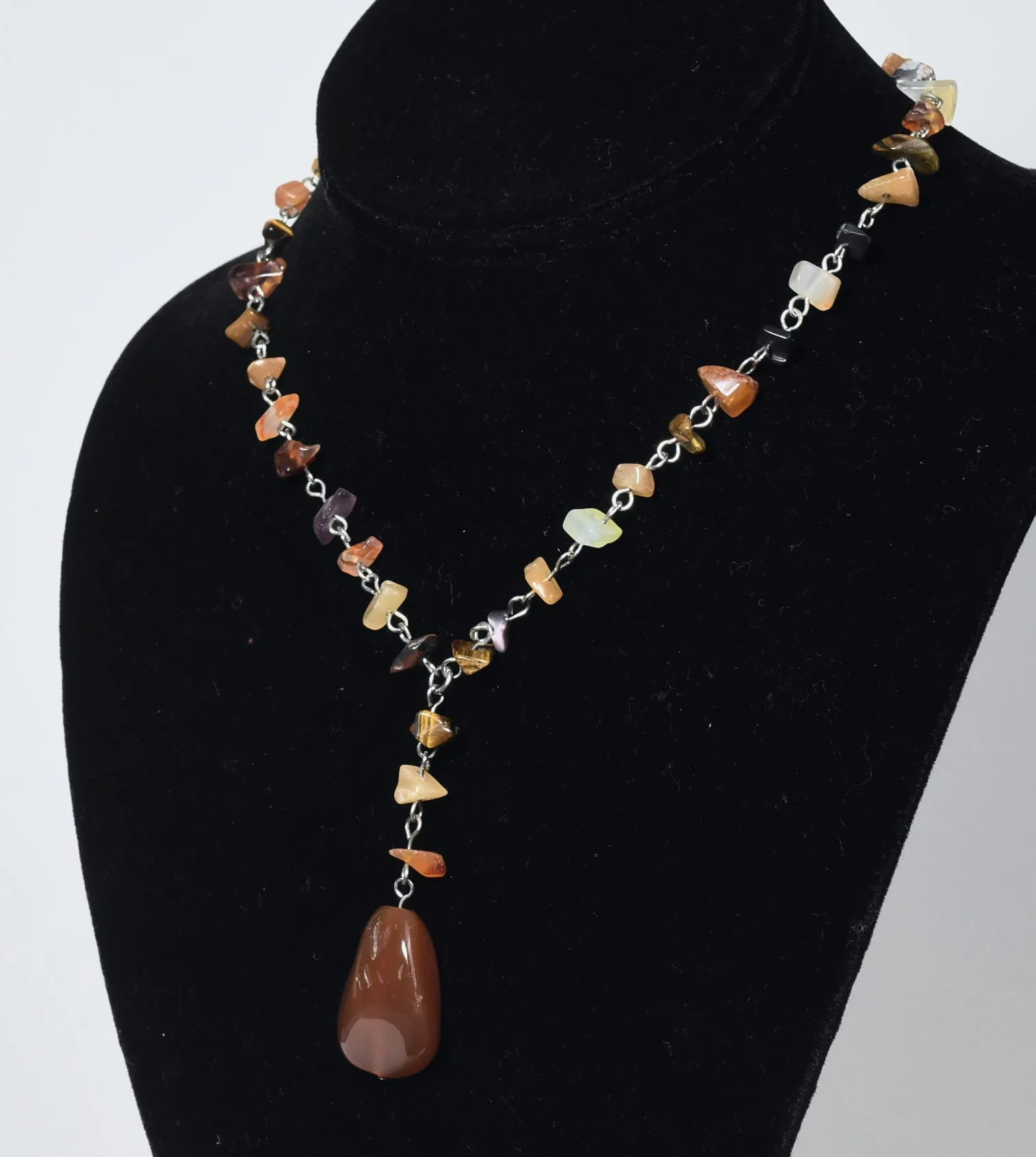 Carnelian Pendant on Silver Chain Stone Chip Bead Station Necklace