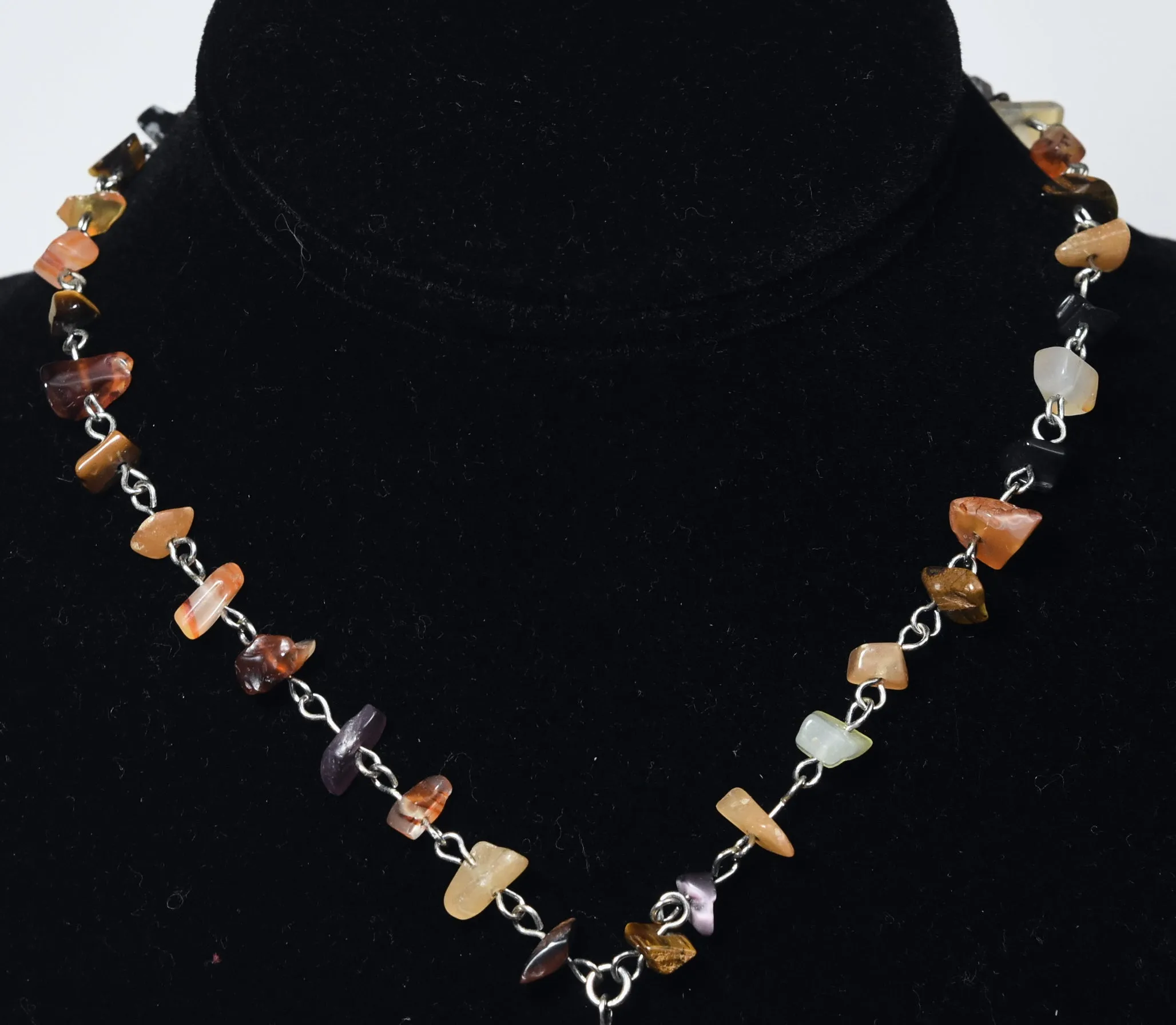 Carnelian Pendant on Silver Chain Stone Chip Bead Station Necklace