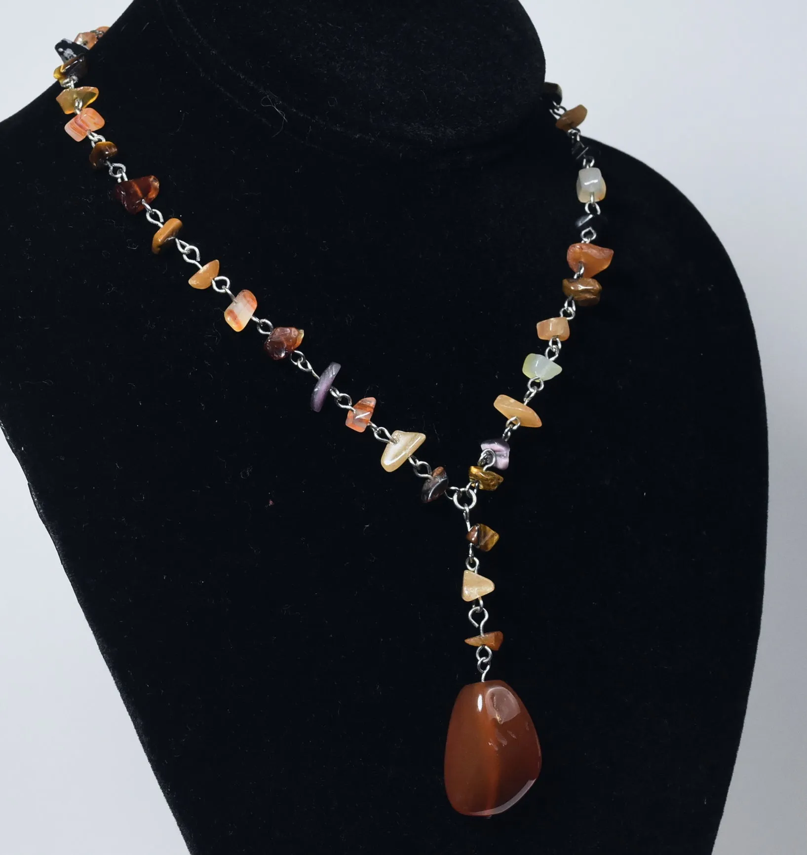 Carnelian Pendant on Silver Chain Stone Chip Bead Station Necklace