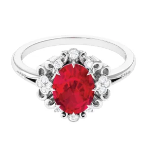 Certified Vintage Inspired Created Ruby Engagement Ring with Diamond