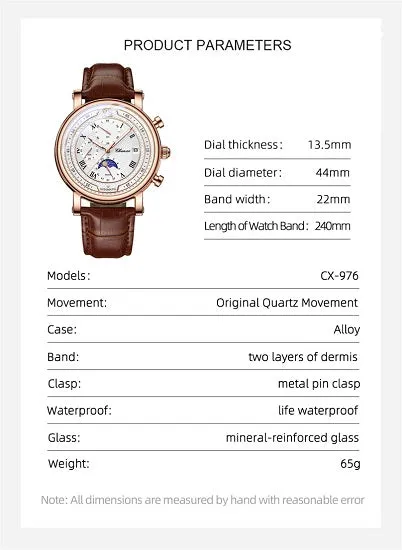 Chenxi 976 Men's  Multi-function Chronograph Quartz Watch With Genuvan Leather Strap
