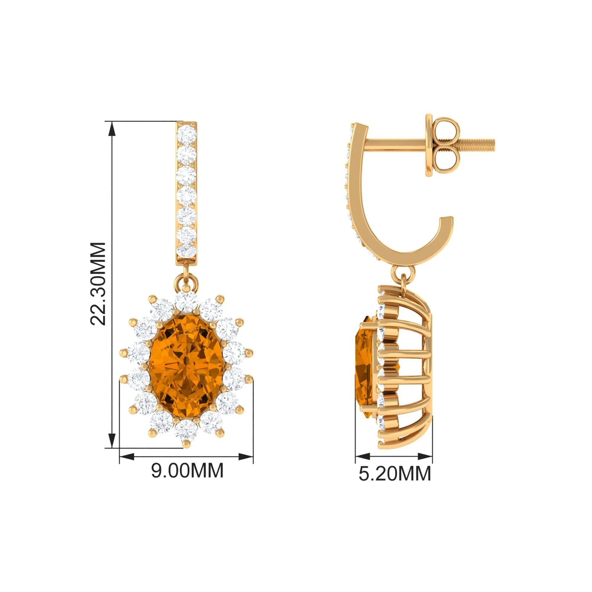 Citrine and Moissanite Sunburst J Hoop Drop Earrings