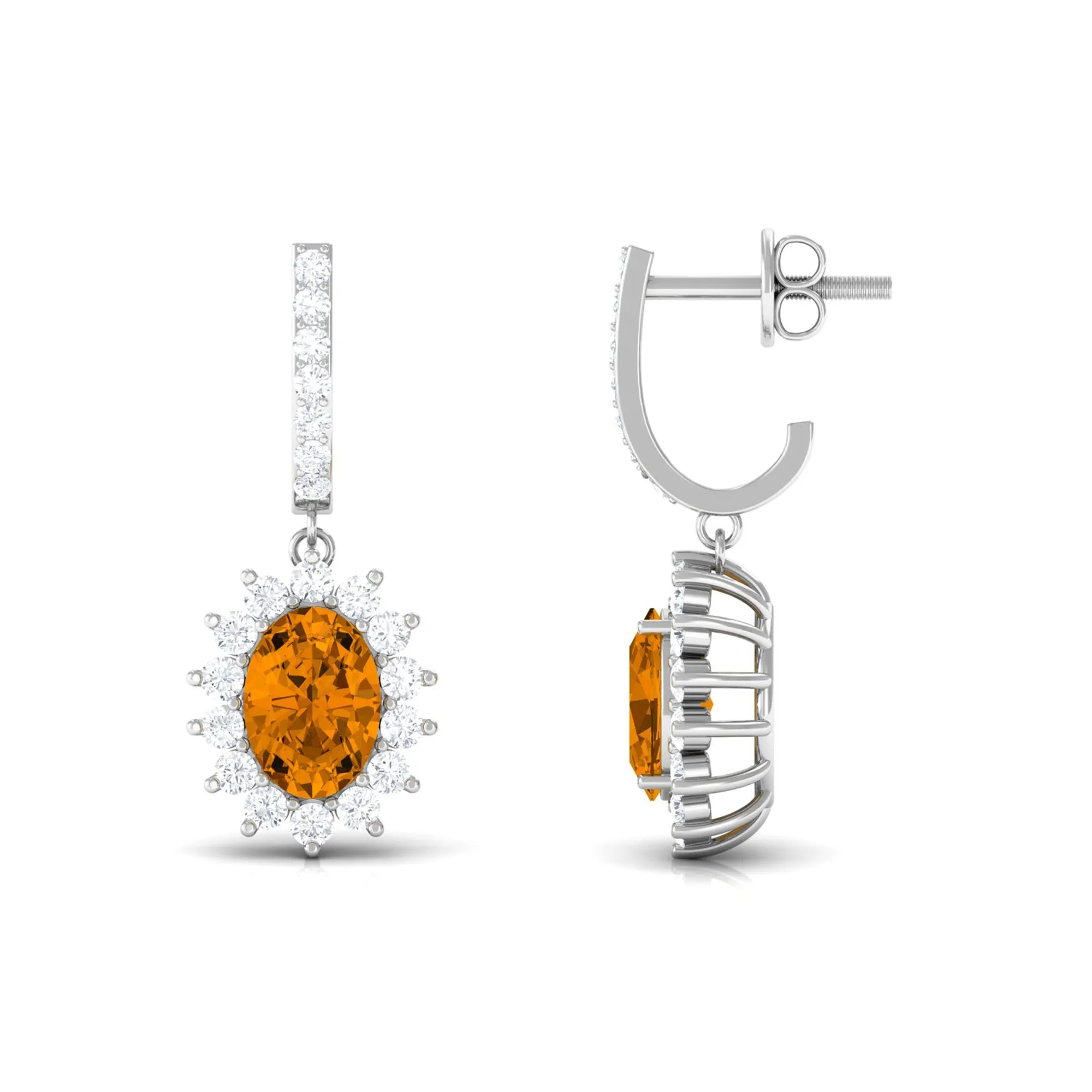 Citrine and Moissanite Sunburst J Hoop Drop Earrings