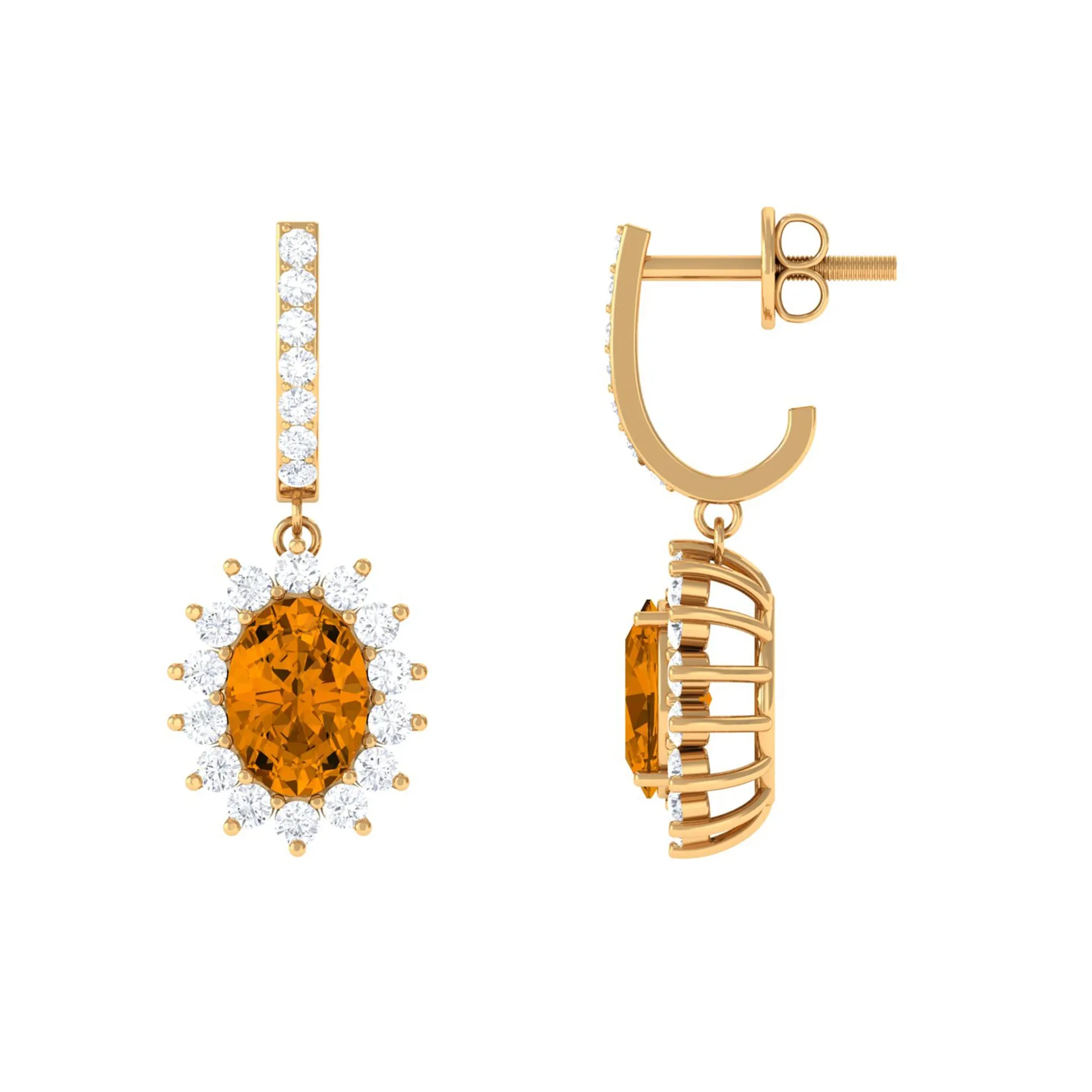 Citrine and Moissanite Sunburst J Hoop Drop Earrings