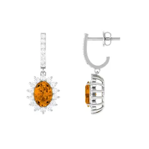 Citrine and Moissanite Sunburst J Hoop Drop Earrings