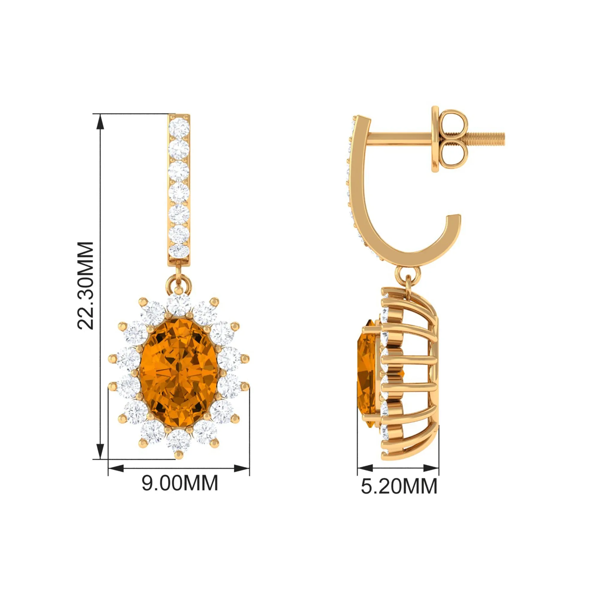 Citrine and Moissanite Sunburst J Hoop Drop Earrings