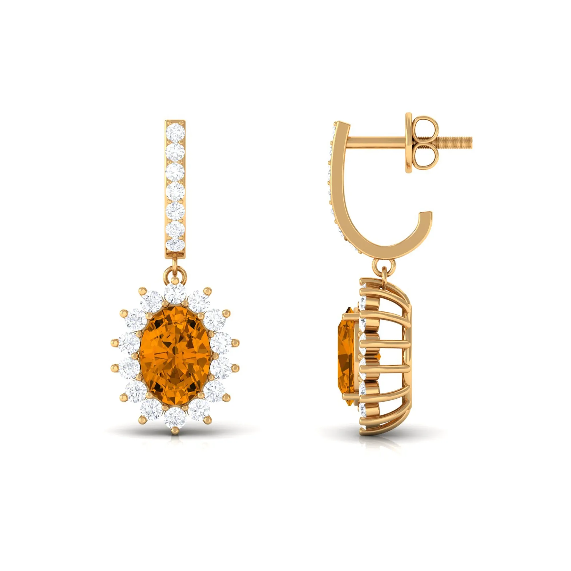 Citrine and Moissanite Sunburst J Hoop Drop Earrings