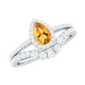 Citrine Designer Teardrop Ring Set with Moissanite Halo