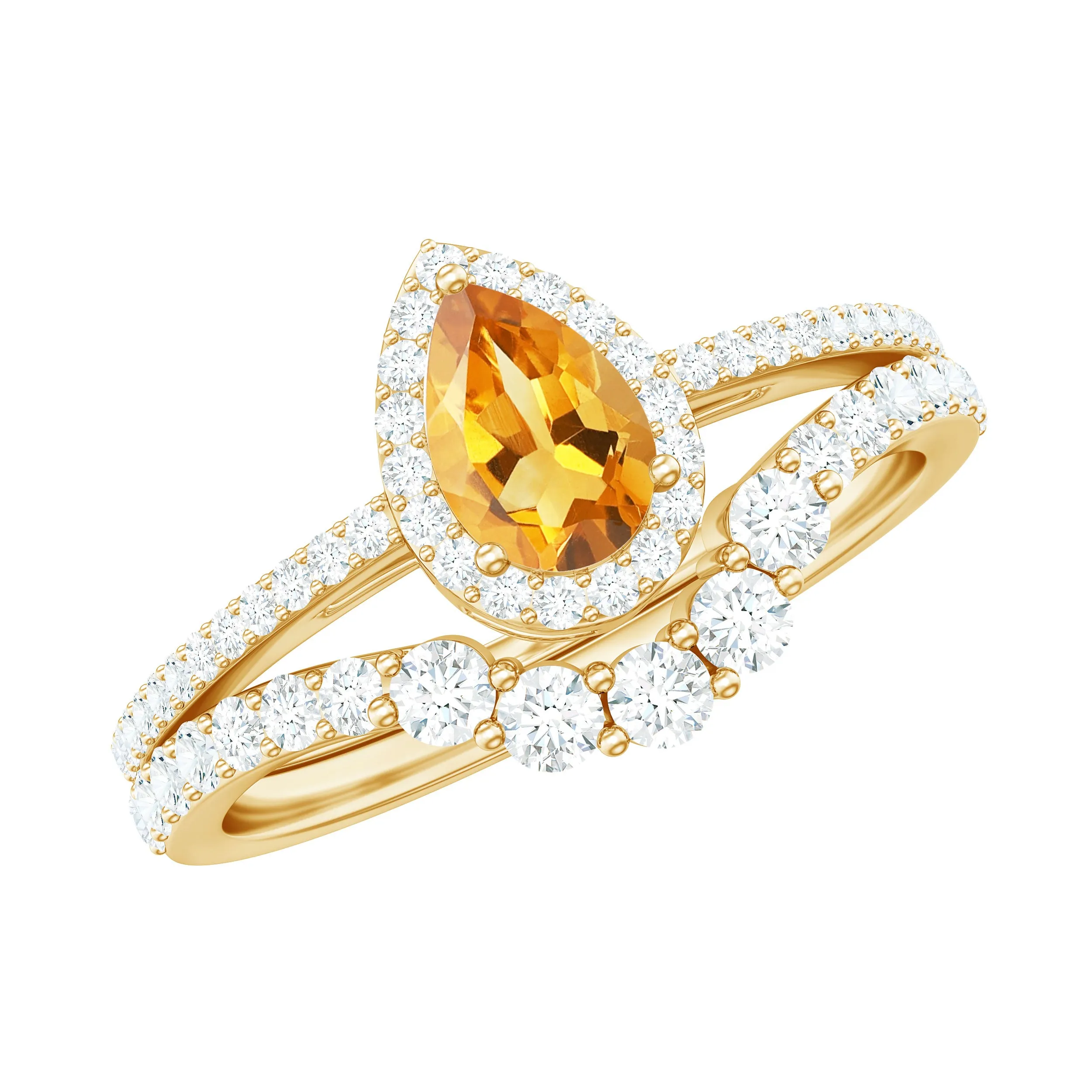 Citrine Designer Teardrop Ring Set with Moissanite Halo