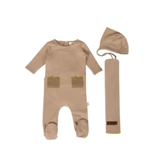 Citrine Gold Embroidered Pocket Layette Set (Footie , Bonnet & Blanket)
