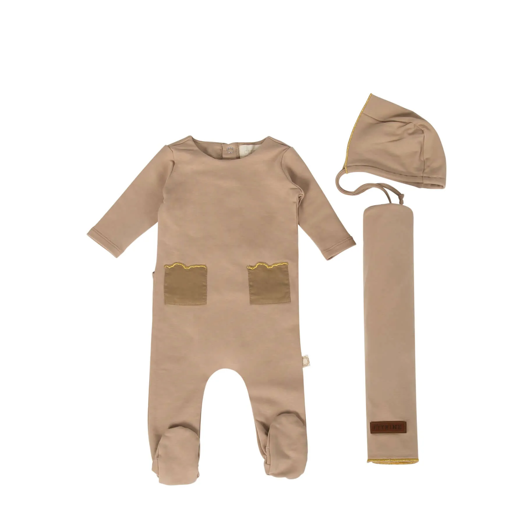Citrine Gold Embroidered Pocket Layette Set (Footie , Bonnet & Blanket)