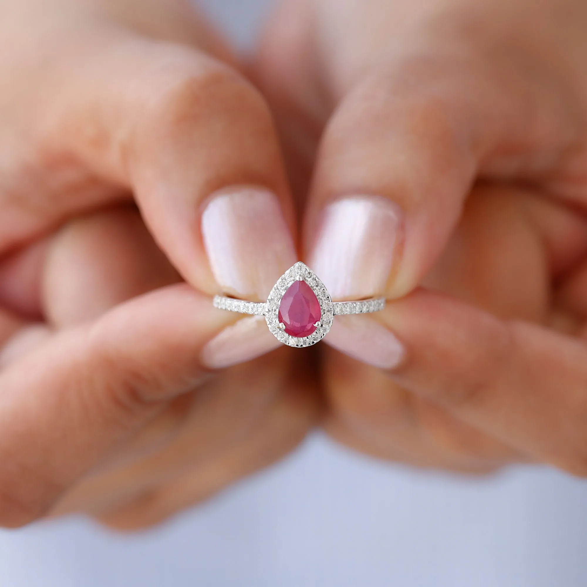 Created Ruby Halo Engagement Ring With Diamond Accent