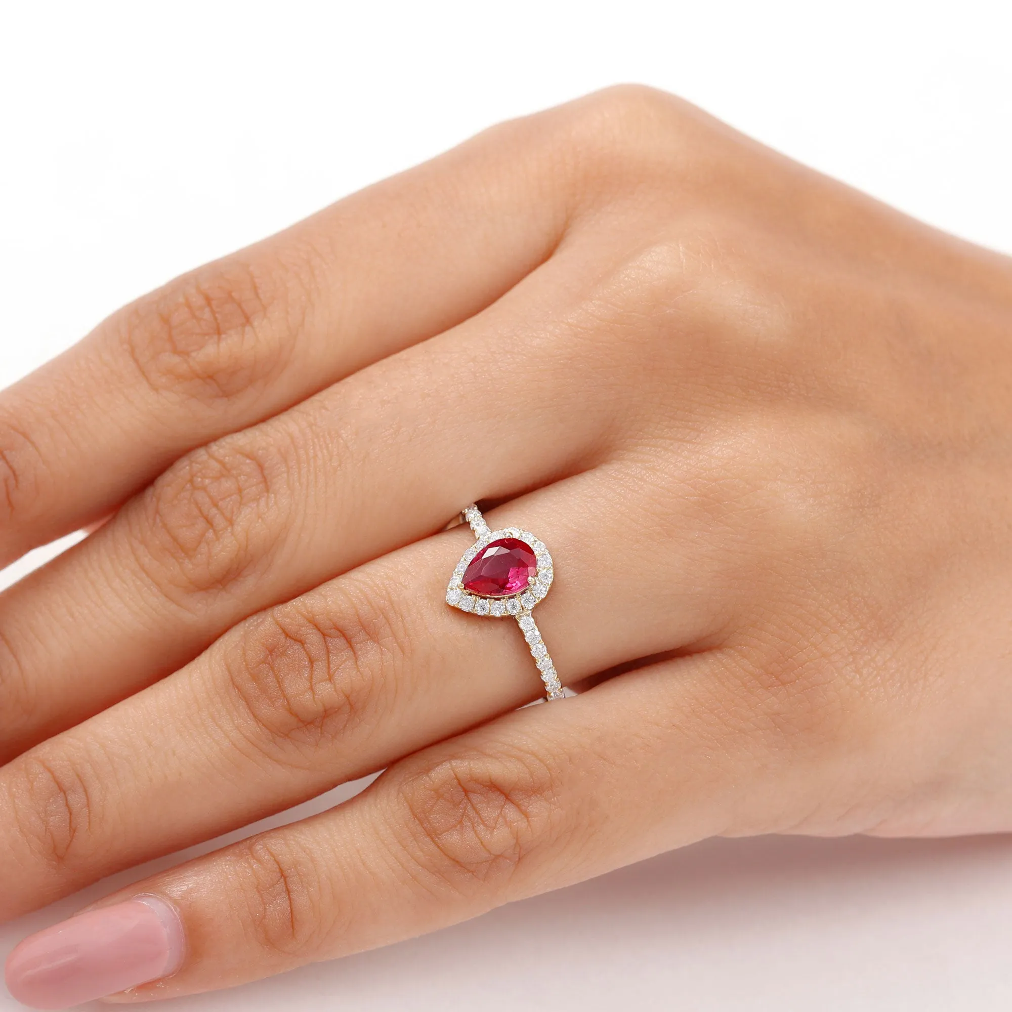 Created Ruby Halo Engagement Ring With Diamond Accent