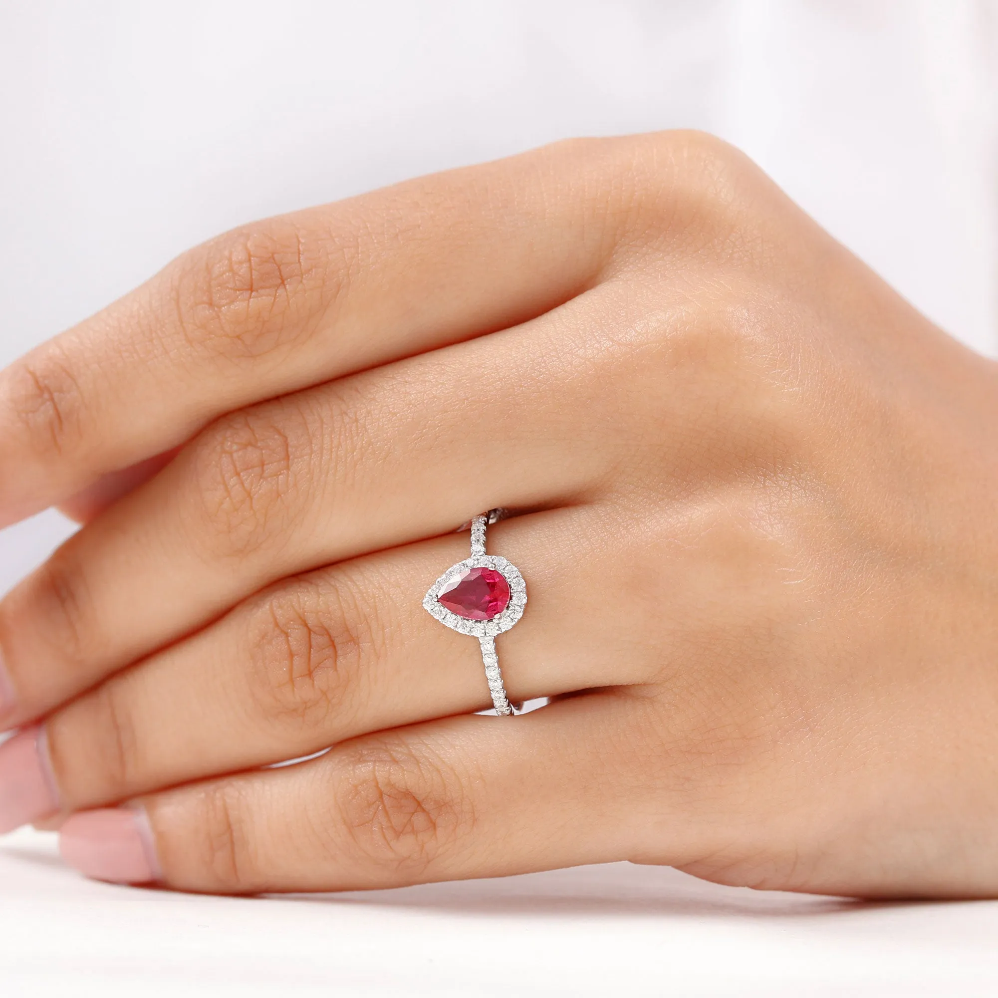 Created Ruby Halo Engagement Ring With Diamond Accent