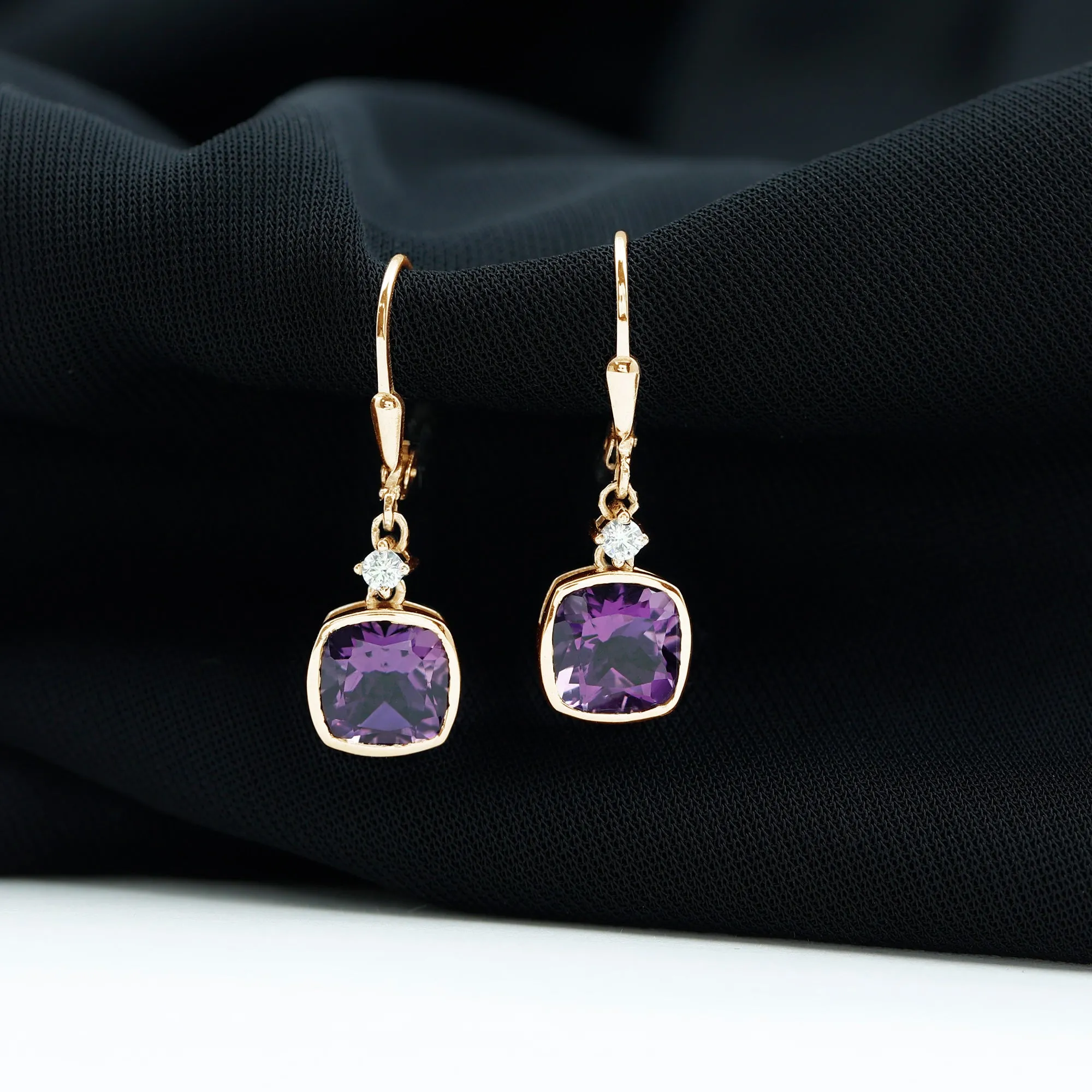 Cushion Cut Amethyst and Diamond Drop Earrings