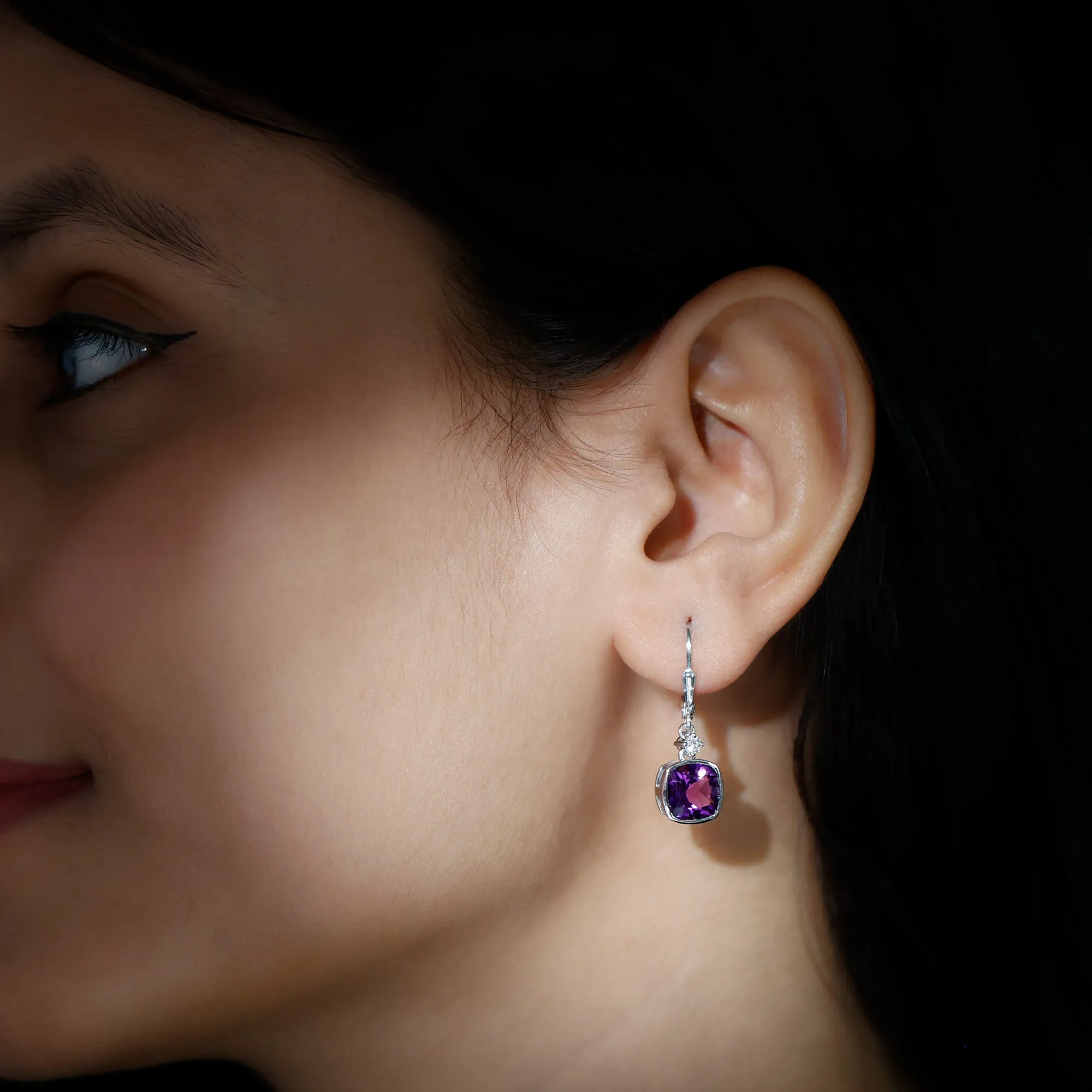 Cushion Cut Amethyst and Diamond Drop Earrings