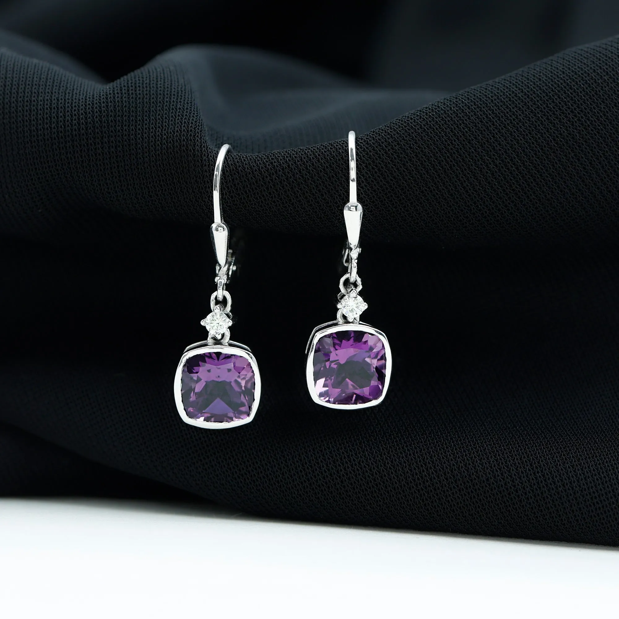 Cushion Cut Amethyst and Diamond Drop Earrings
