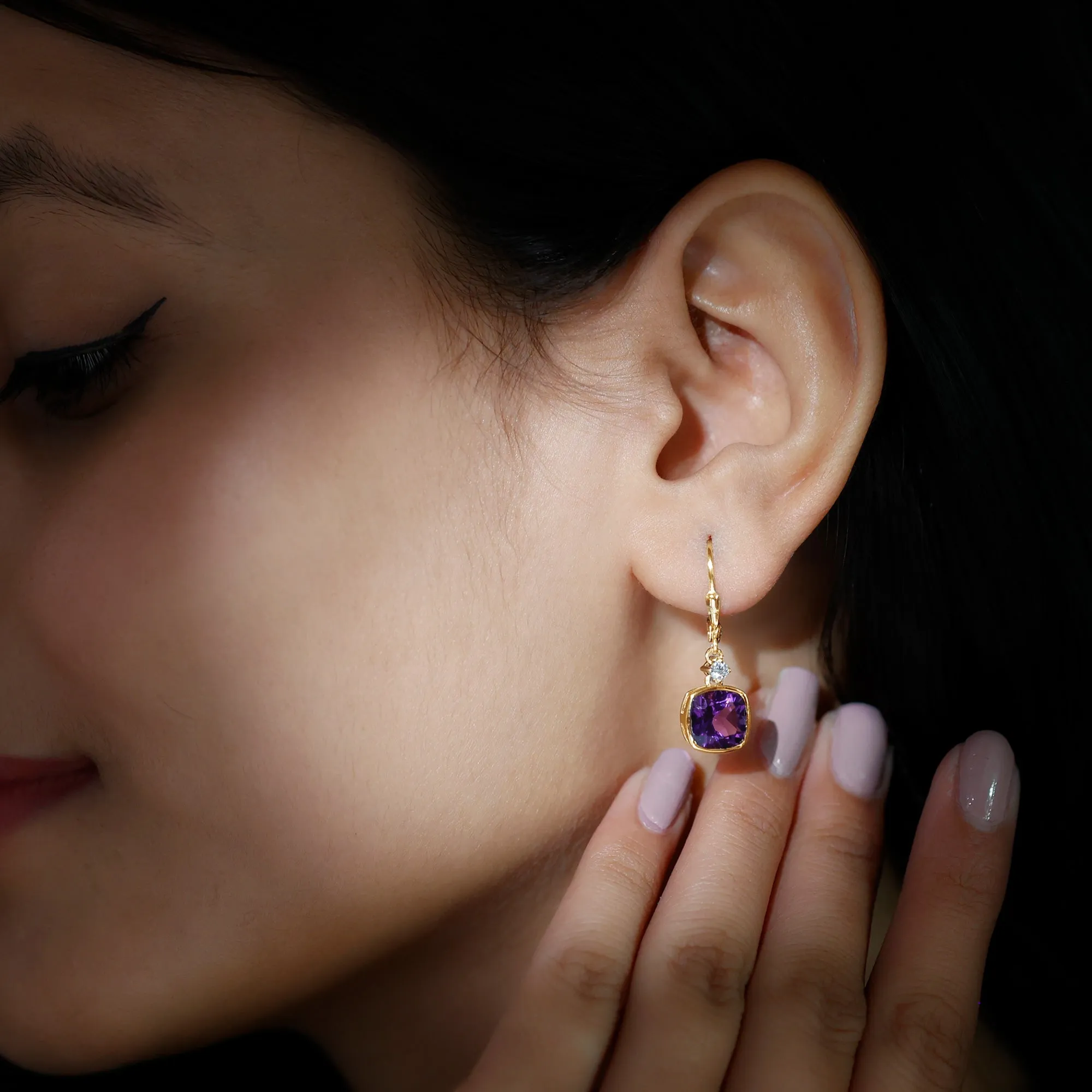 Cushion Cut Amethyst and Diamond Drop Earrings