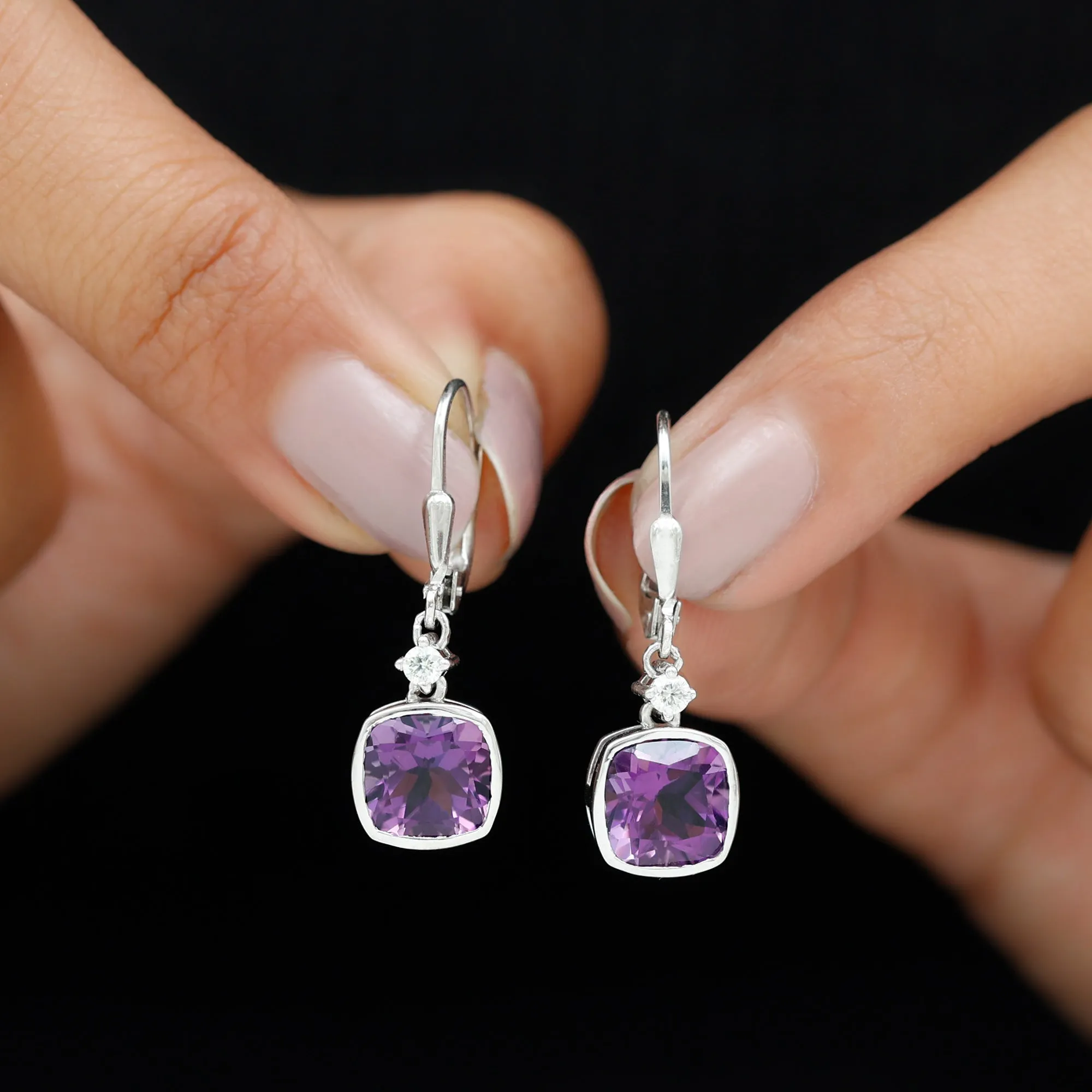 Cushion Cut Amethyst and Diamond Drop Earrings