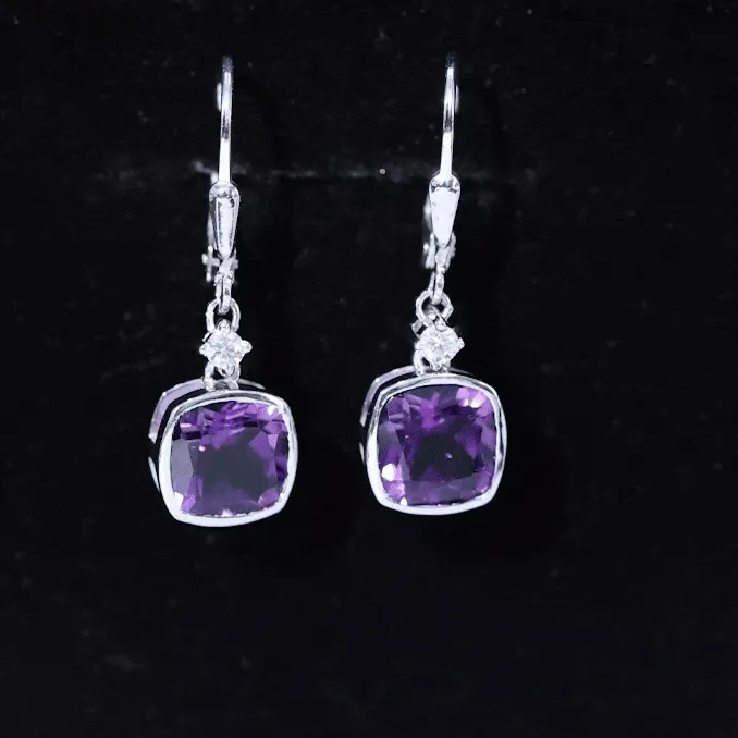 Cushion Cut Amethyst and Diamond Drop Earrings