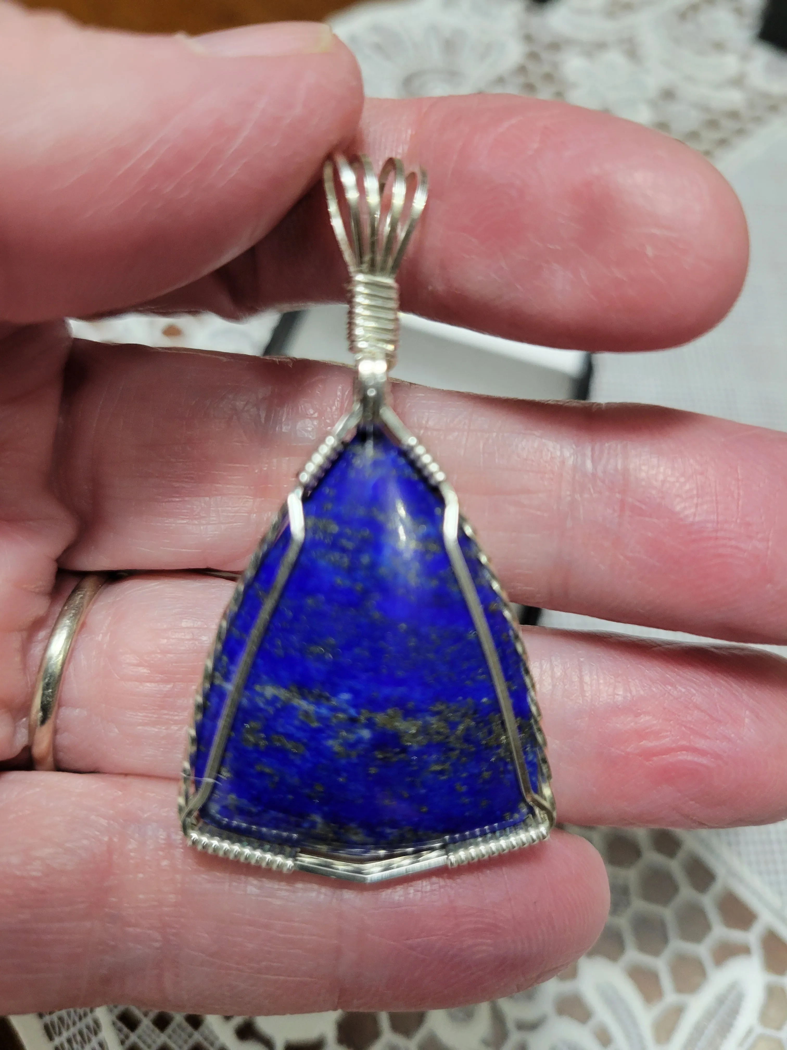 Custom Cut & Polished Wire Wrapped Lapis Lazuli Necklace/Pendant Sterling Silver