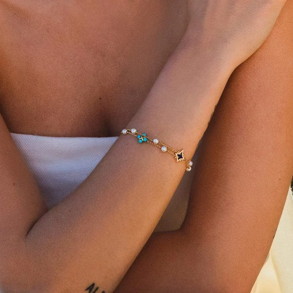 Dainty Pearl & Blue Stone Bracelet - Yellow Silver